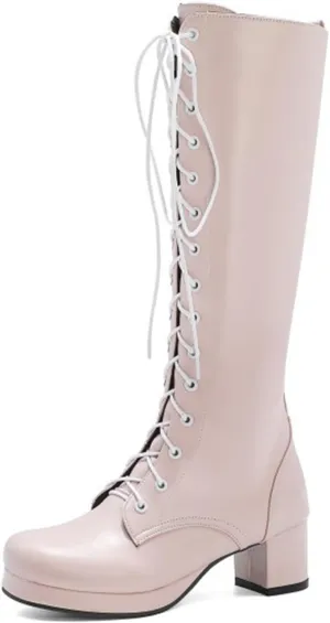 Vujkliy Women's Block Heel Mid-Calf Boots Round Toe Lace Up Side Zipper Fashion Boots