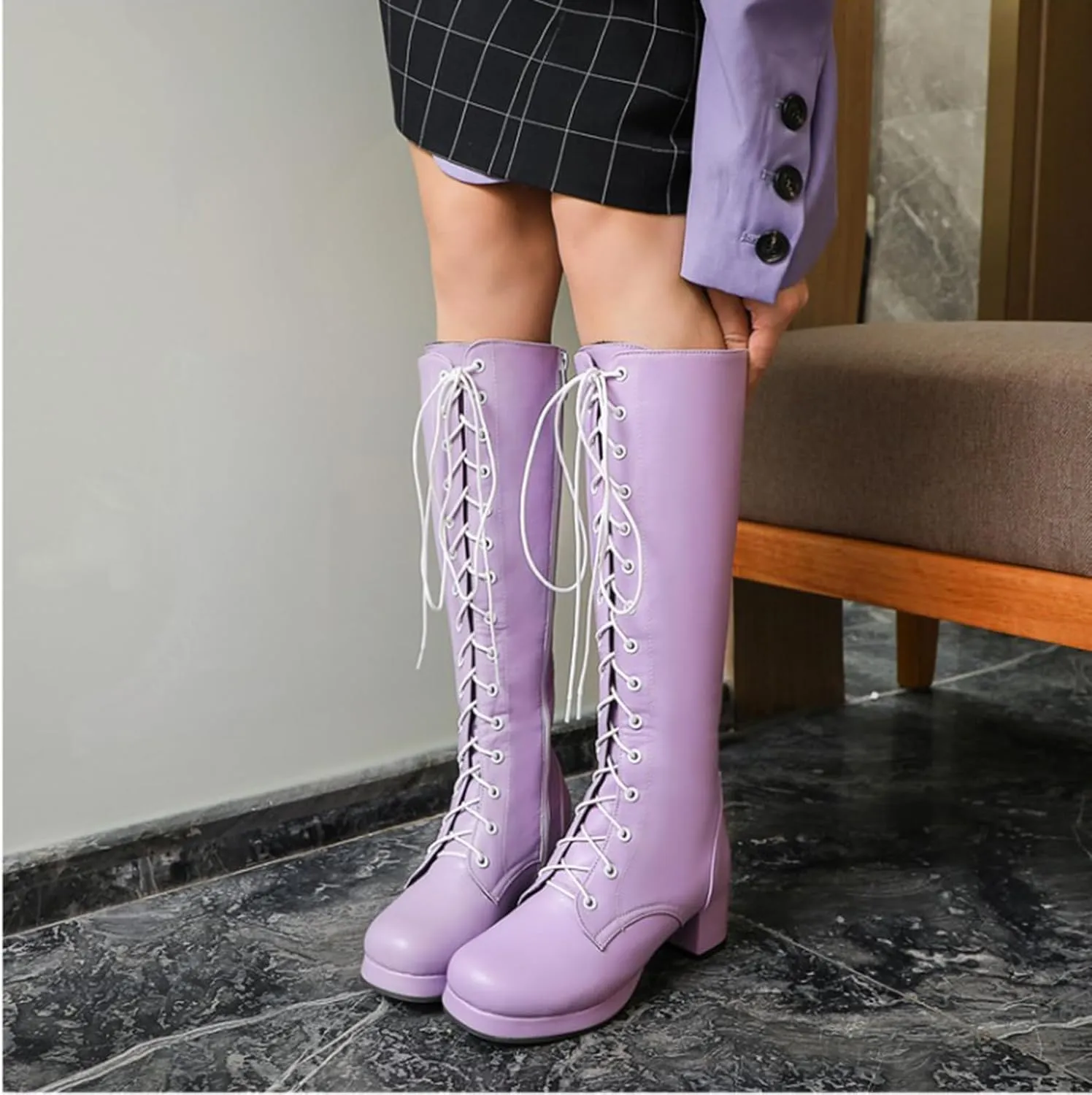 Vujkliy Women's Block Heel Mid-Calf Boots Round Toe Lace Up Side Zipper Fashion Boots