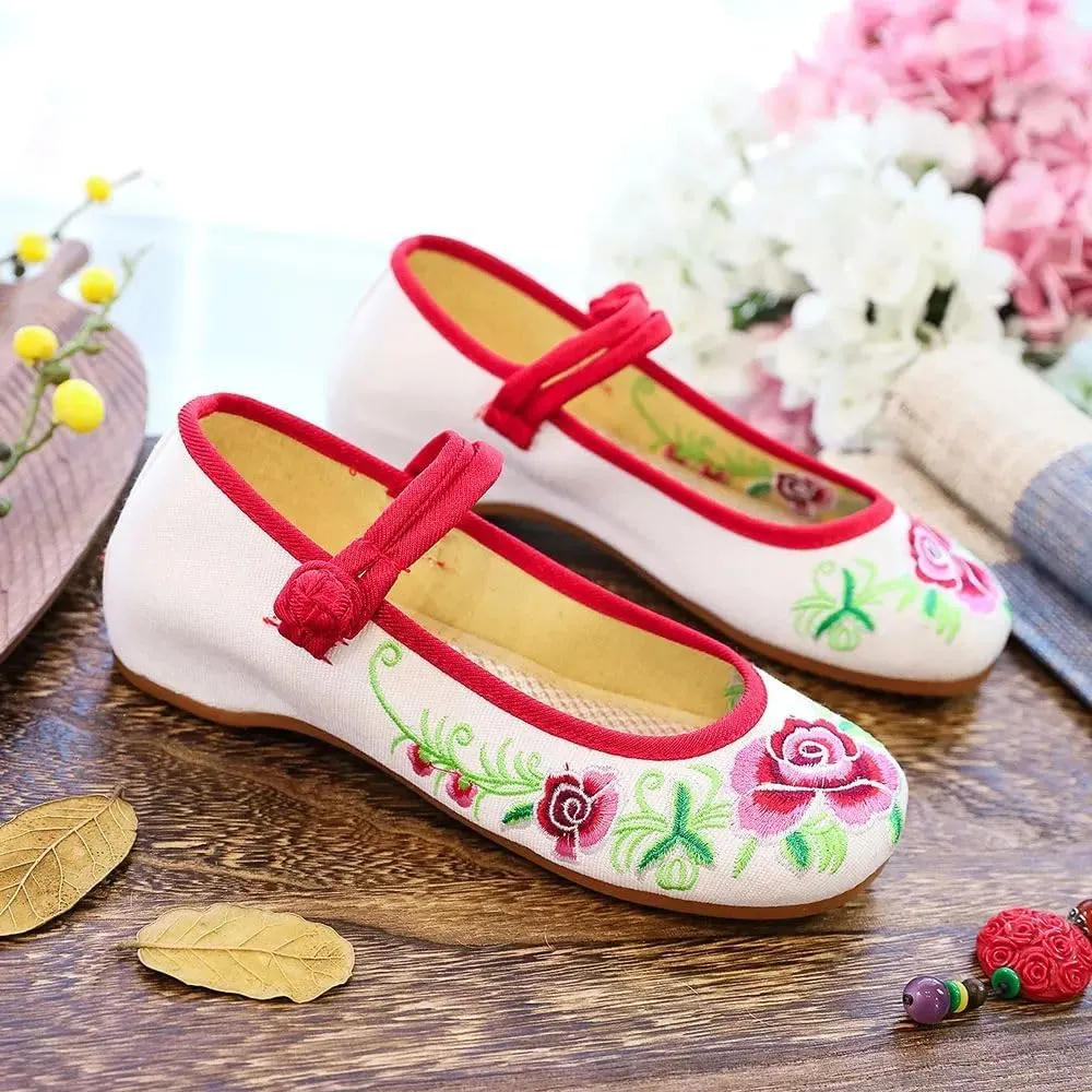 Women Cotton Fabric Ballet Flats Flower Embroidery Canvas Ballerinas Comfortable Casual Walking Shoes for Ladies