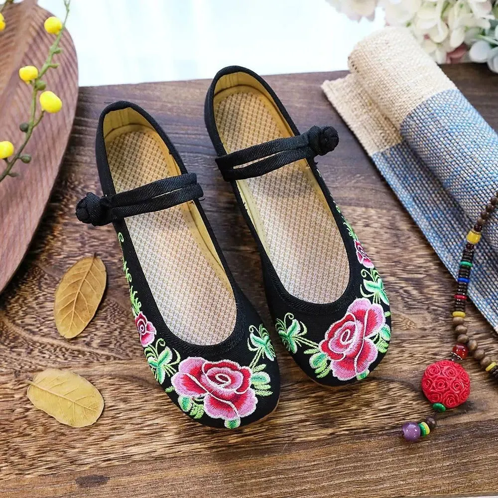 Women Cotton Fabric Ballet Flats Flower Embroidery Canvas Ballerinas Comfortable Casual Walking Shoes for Ladies