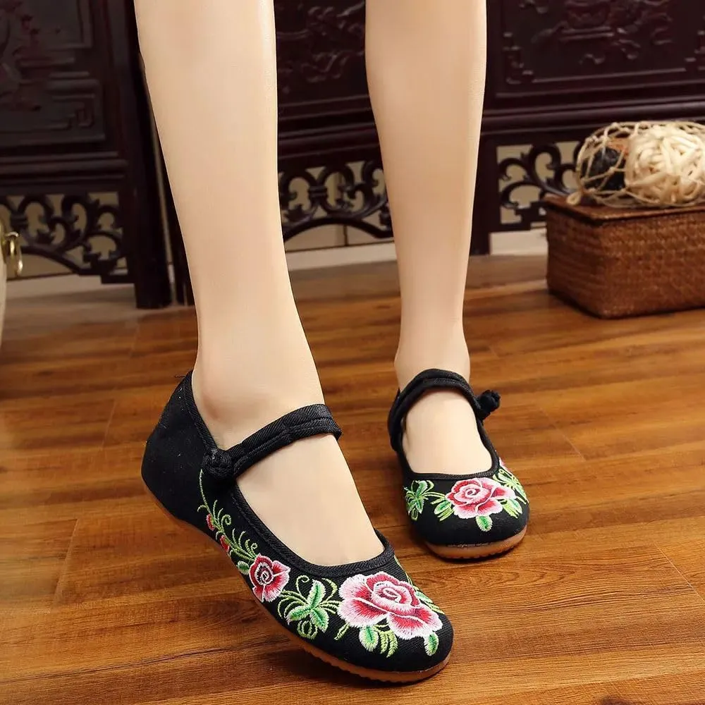 Women Cotton Fabric Ballet Flats Flower Embroidery Canvas Ballerinas Comfortable Casual Walking Shoes for Ladies