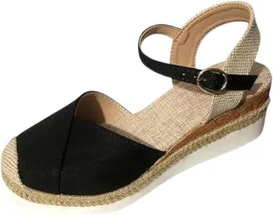 Women dressy casual beach sandals, Retro Closed Toe Platform Ankle Elastic Strap Wedge Heels Sandals