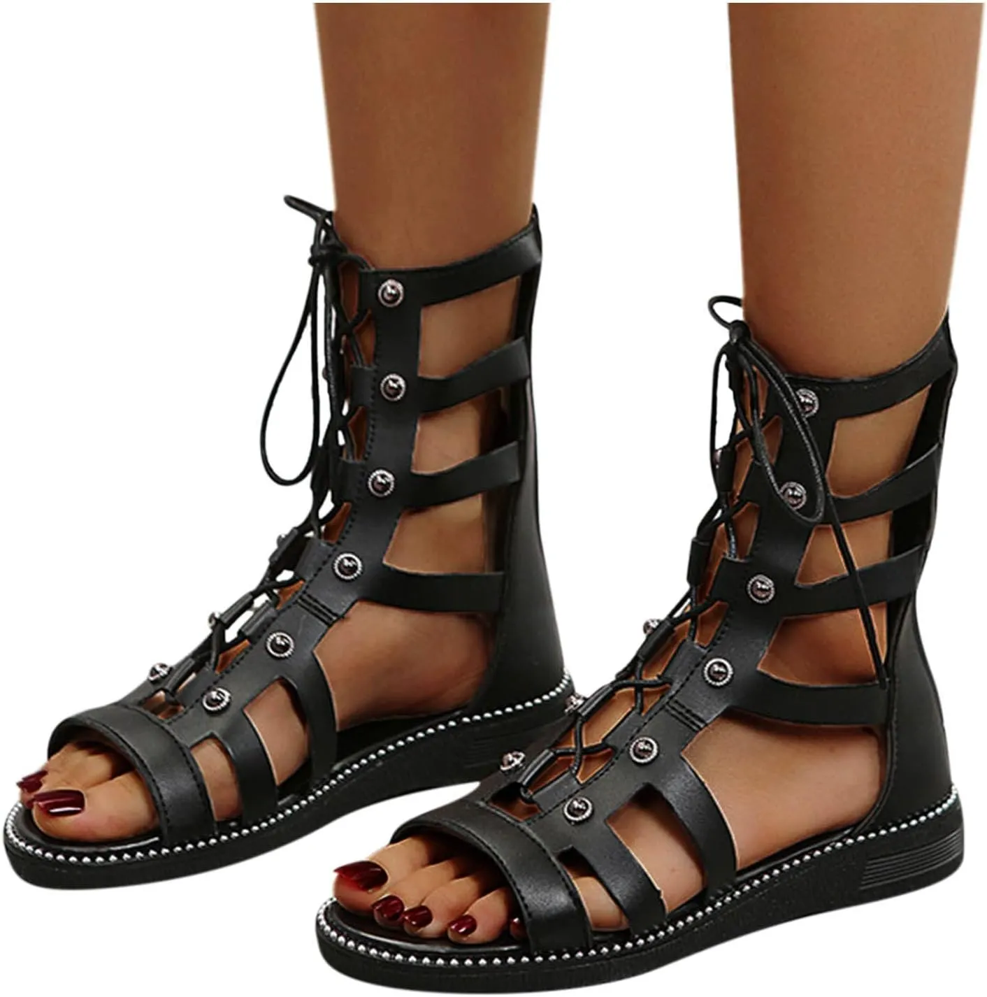 Women Gothic Solid Drawstring Sandals Faux Leather Back Zipper Shoe Anti-Slip Flat Sandal Splicing Metal Buckle Shoes