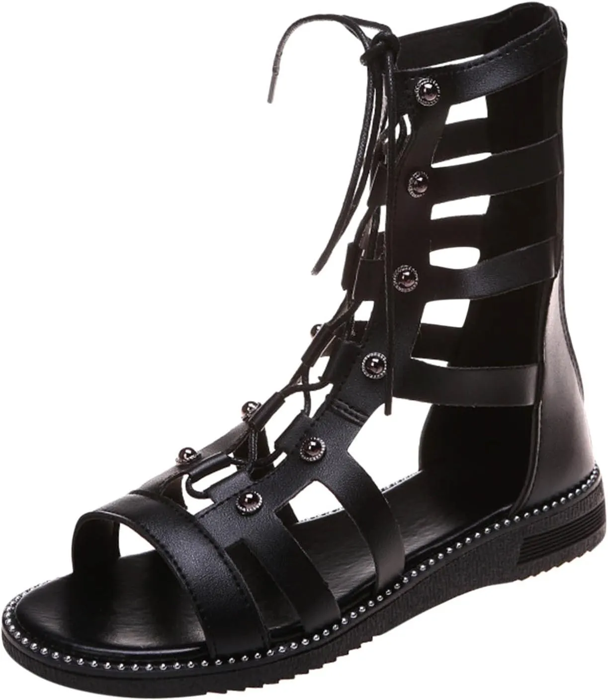 Women Gothic Solid Drawstring Sandals Faux Leather Back Zipper Shoe Anti-Slip Flat Sandal Splicing Metal Buckle Shoes