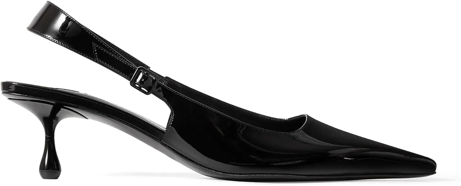 Women Slingback Kitten Heels Pointed Toe Low Stiletto Faux Patent Leather Dress Shoes for Wedding Office Party
