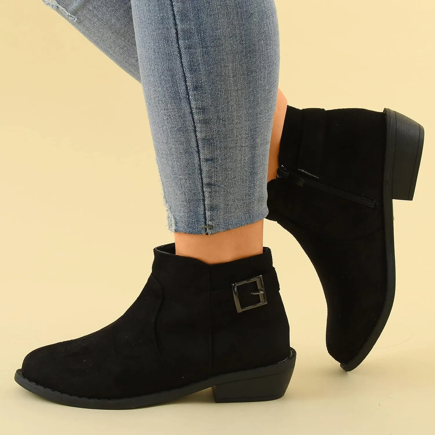 Women's Ankle Boots Low Stacked Chunky Heels Zipper Round Toe Slip on Chelsea Booties Winter Leopard Fashion Boots
