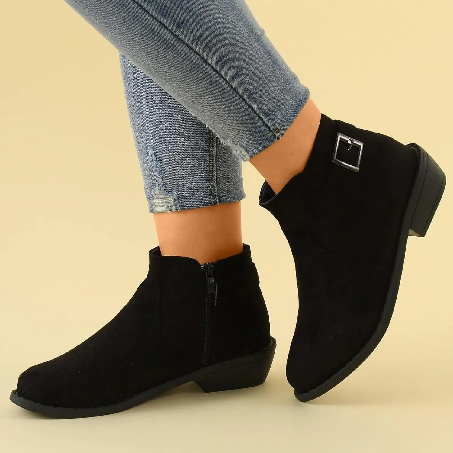 Women's Ankle Boots Low Stacked Chunky Heels Zipper Round Toe Slip on Chelsea Booties Winter Leopard Fashion Boots