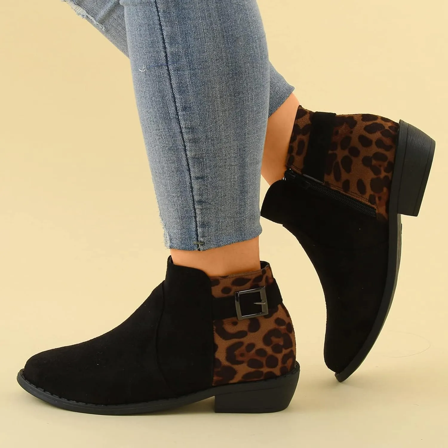 Women's Ankle Boots Low Stacked Chunky Heels Zipper Round Toe Slip on Chelsea Booties Winter Leopard Fashion Boots