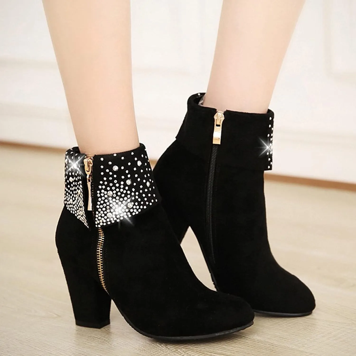 Womens Boots Sparkling Rhinestones Warm Flock Fashion Boots for Women Zipper Chunky Heel Round Toe Ankle Boots