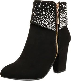Womens Boots Sparkling Rhinestones Warm Flock Fashion Boots for Women Zipper Chunky Heel Round Toe Ankle Boots