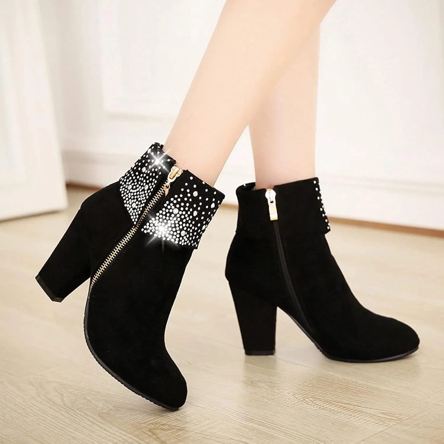Womens Boots Sparkling Rhinestones Warm Flock Fashion Boots for Women Zipper Chunky Heel Round Toe Ankle Boots