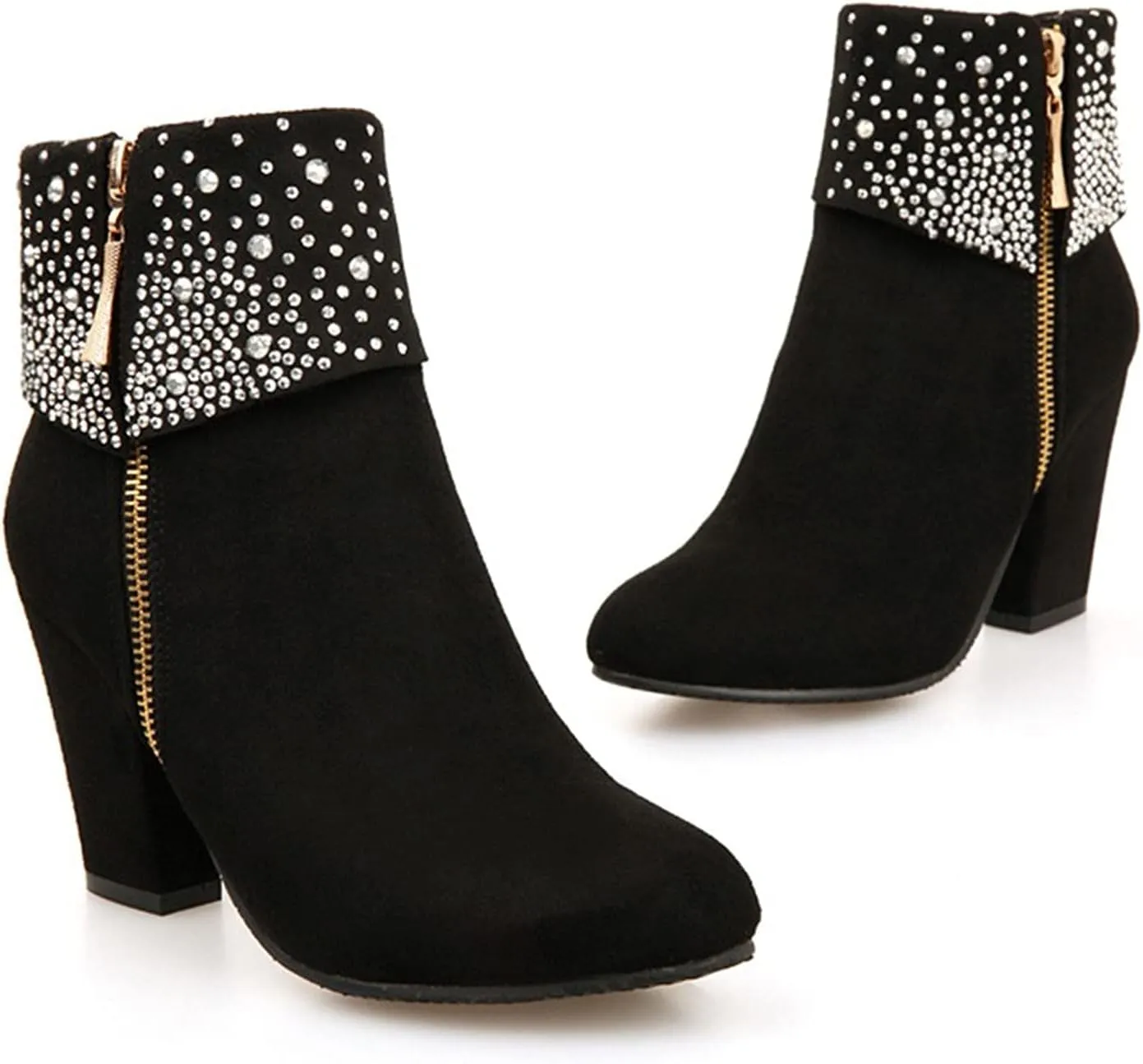 Womens Boots Sparkling Rhinestones Warm Flock Fashion Boots for Women Zipper Chunky Heel Round Toe Ankle Boots