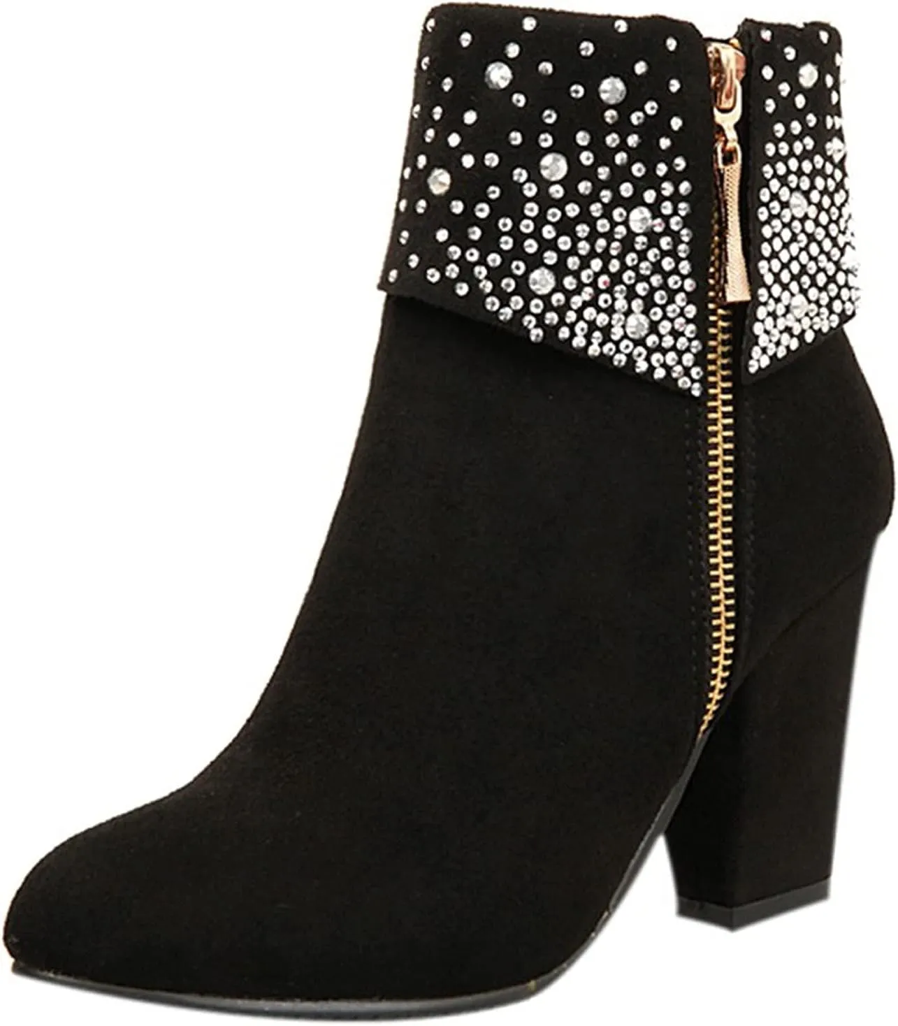 Womens Boots Sparkling Rhinestones Warm Flock Fashion Boots for Women Zipper Chunky Heel Round Toe Ankle Boots