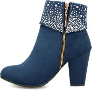 Womens Boots Sparkling Rhinestones Warm Flock Fashion Boots for Women Zipper Chunky Heel Round Toe Ankle Boots