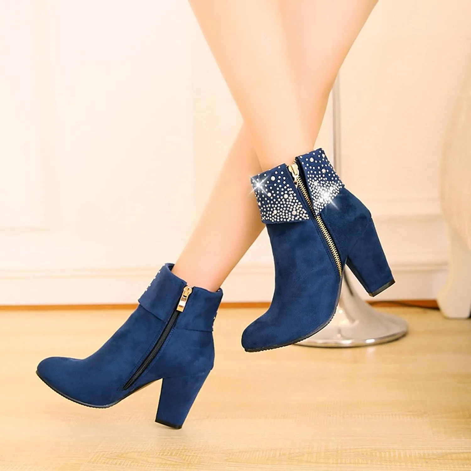 Womens Boots Sparkling Rhinestones Warm Flock Fashion Boots for Women Zipper Chunky Heel Round Toe Ankle Boots