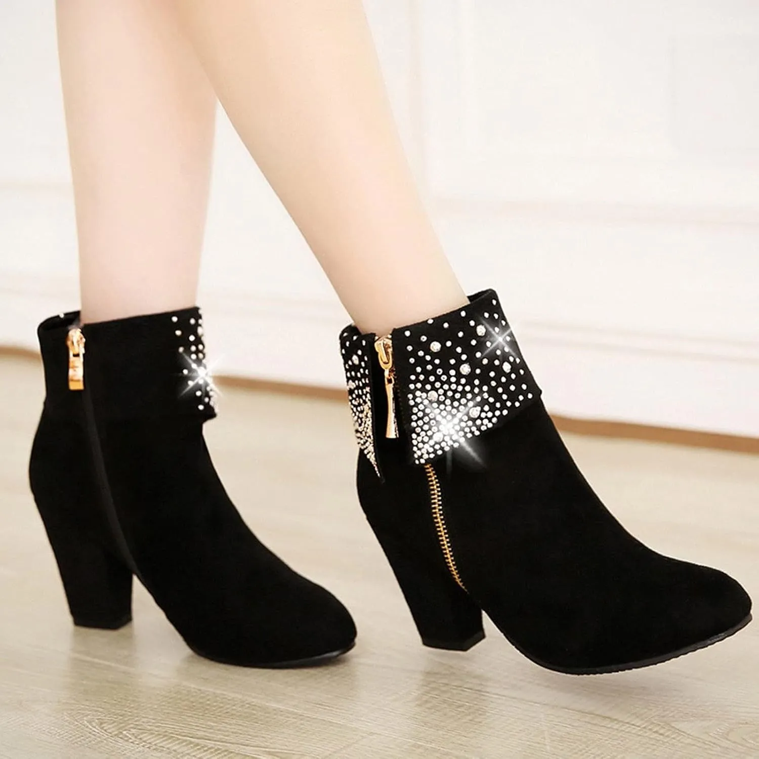 Womens Boots Sparkling Rhinestones Warm Flock Fashion Boots for Women Zipper Chunky Heel Round Toe Ankle Boots