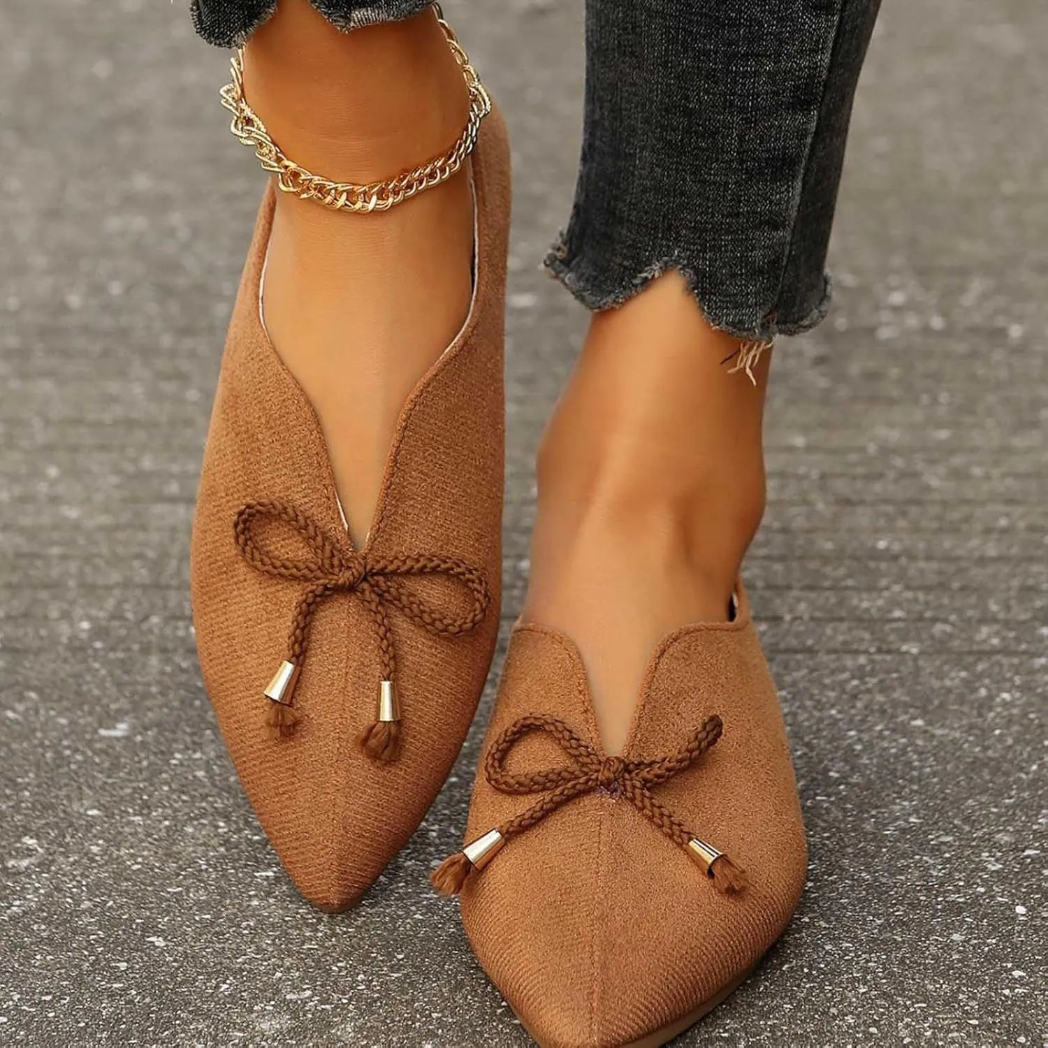 Women's Close Toe Cusp Sandal Drawstring Solid Trendy Pump Shoe Casual Slip on Summer Spring Comfy Flat