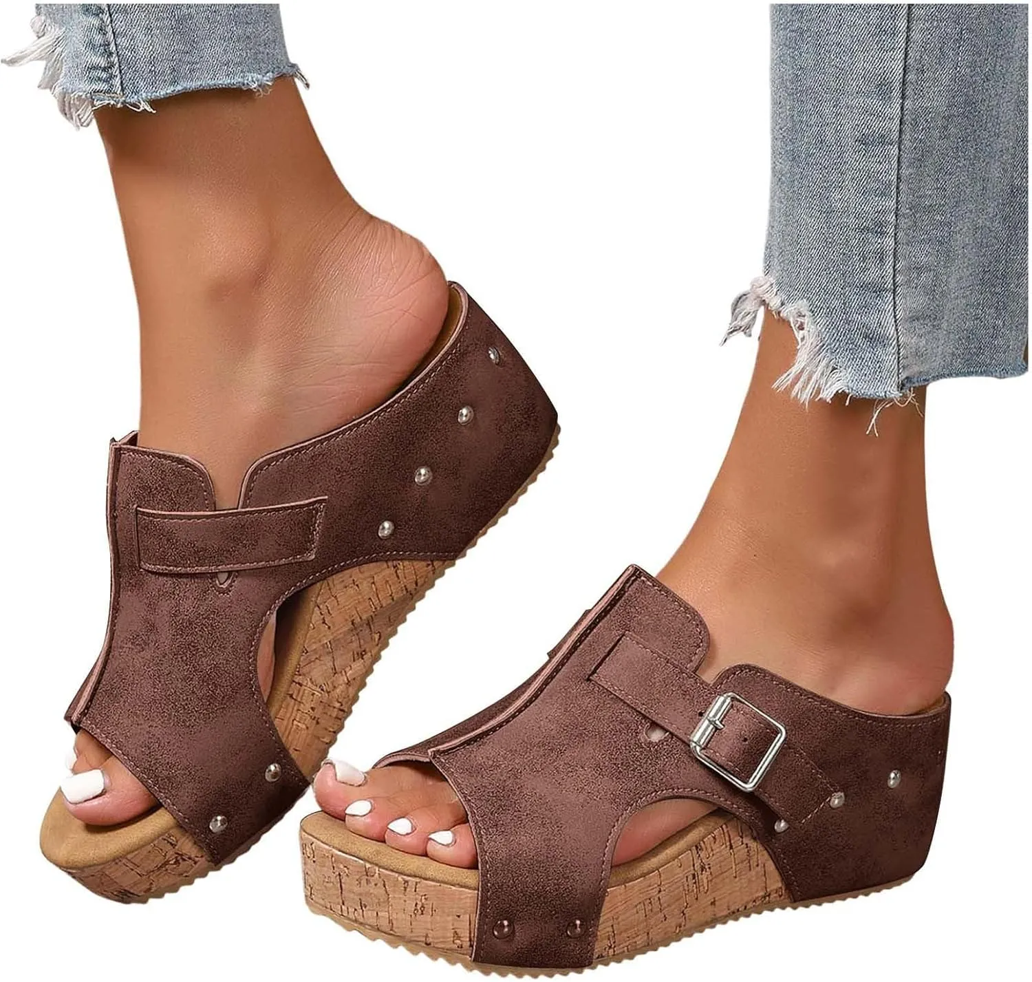 Women's Cork Platform Wedge Heels Sandals Dressy 2025 Casual Boho Summer Beach Walking Womens Wide Width Sandals with Arch Support Beach Walking Fashion Summer Vacation Slip On Casual Dressy Shoes