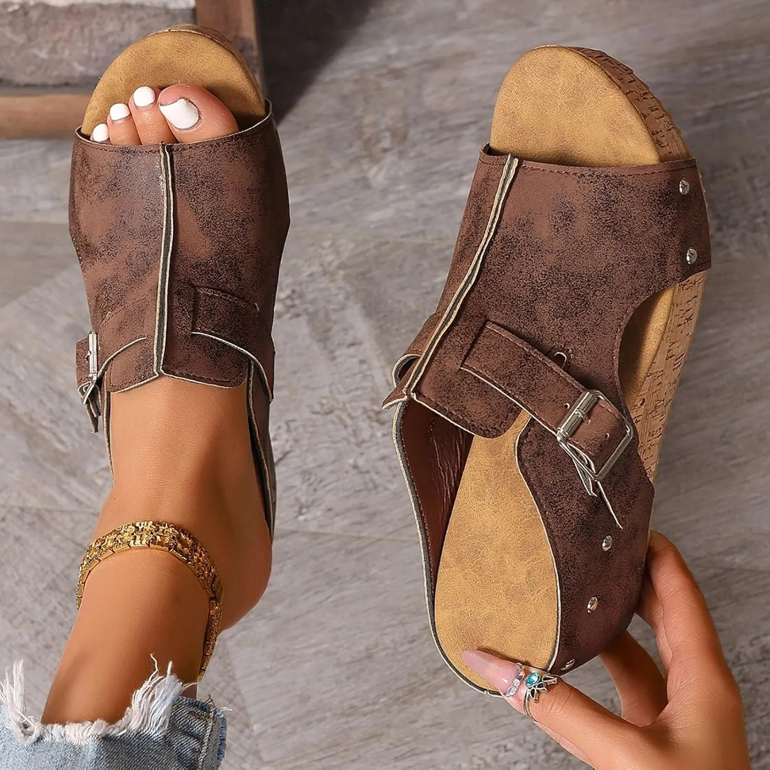 Women's Cork Platform Wedge Heels Sandals Dressy 2025 Casual Boho Summer Beach Walking Womens Wide Width Sandals with Arch Support Beach Walking Fashion Summer Vacation Slip On Casual Dressy Shoes