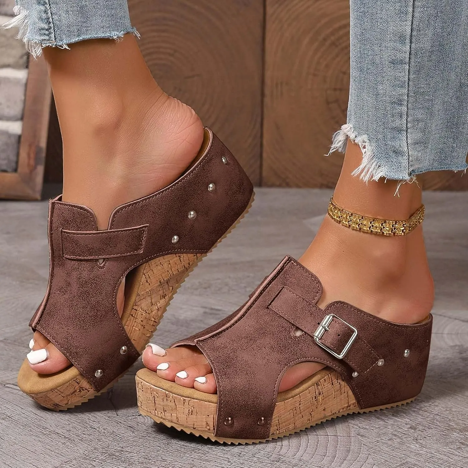 Women's Cork Platform Wedge Heels Sandals Dressy 2025 Casual Boho Summer Beach Walking Womens Wide Width Sandals with Arch Support Beach Walking Fashion Summer Vacation Slip On Casual Dressy Shoes