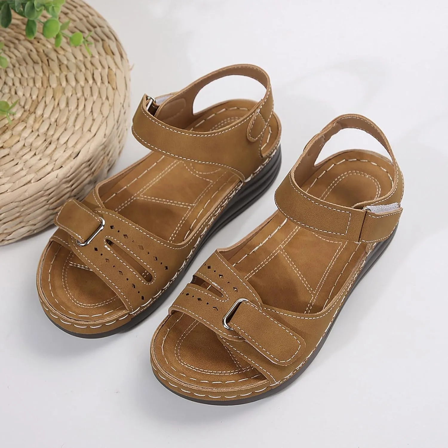 Women's Double Hook and Loop Sandals Solid Thick Strappy Summer Shoes Simple Casual Open Toe Sandal Vacation Flat