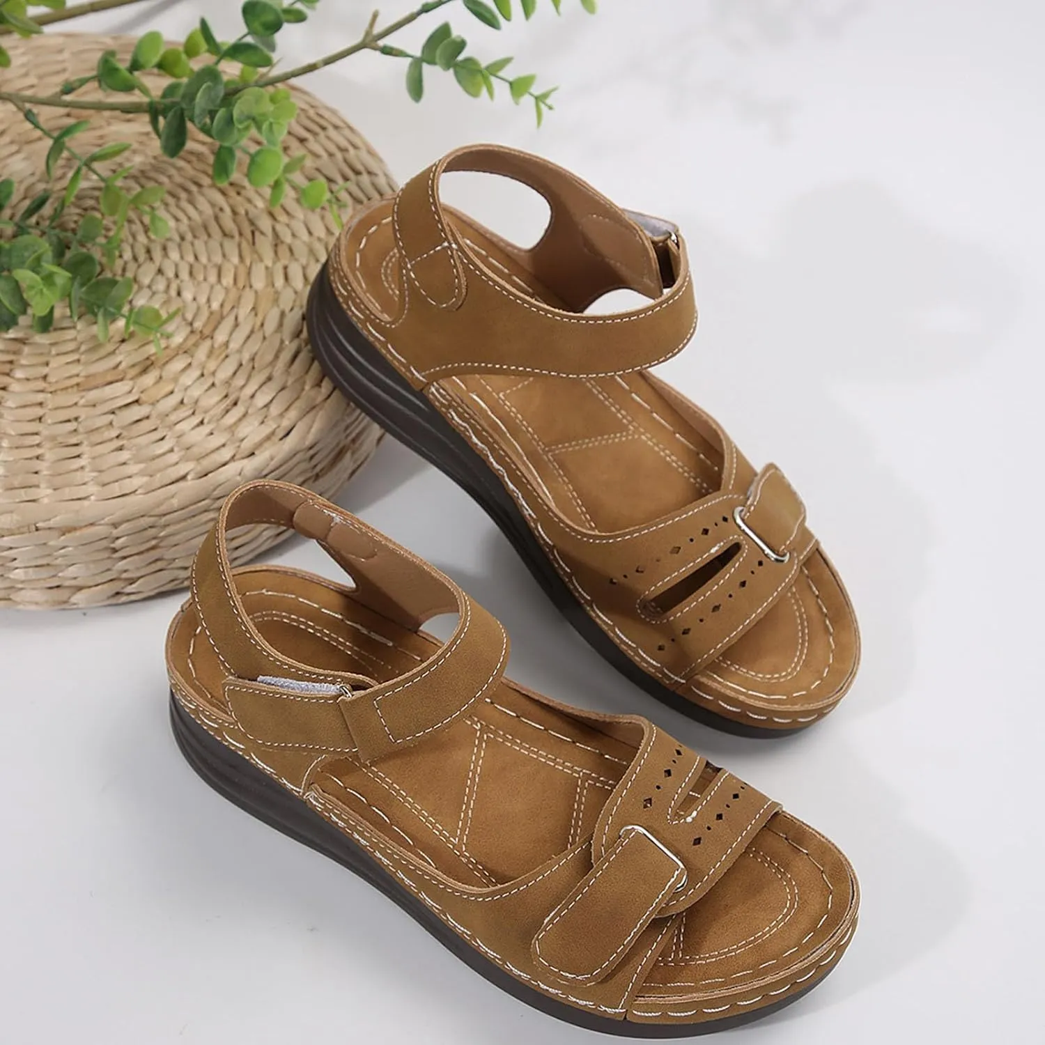 Women's Double Hook and Loop Sandals Solid Thick Strappy Summer Shoes Simple Casual Open Toe Sandal Vacation Flat