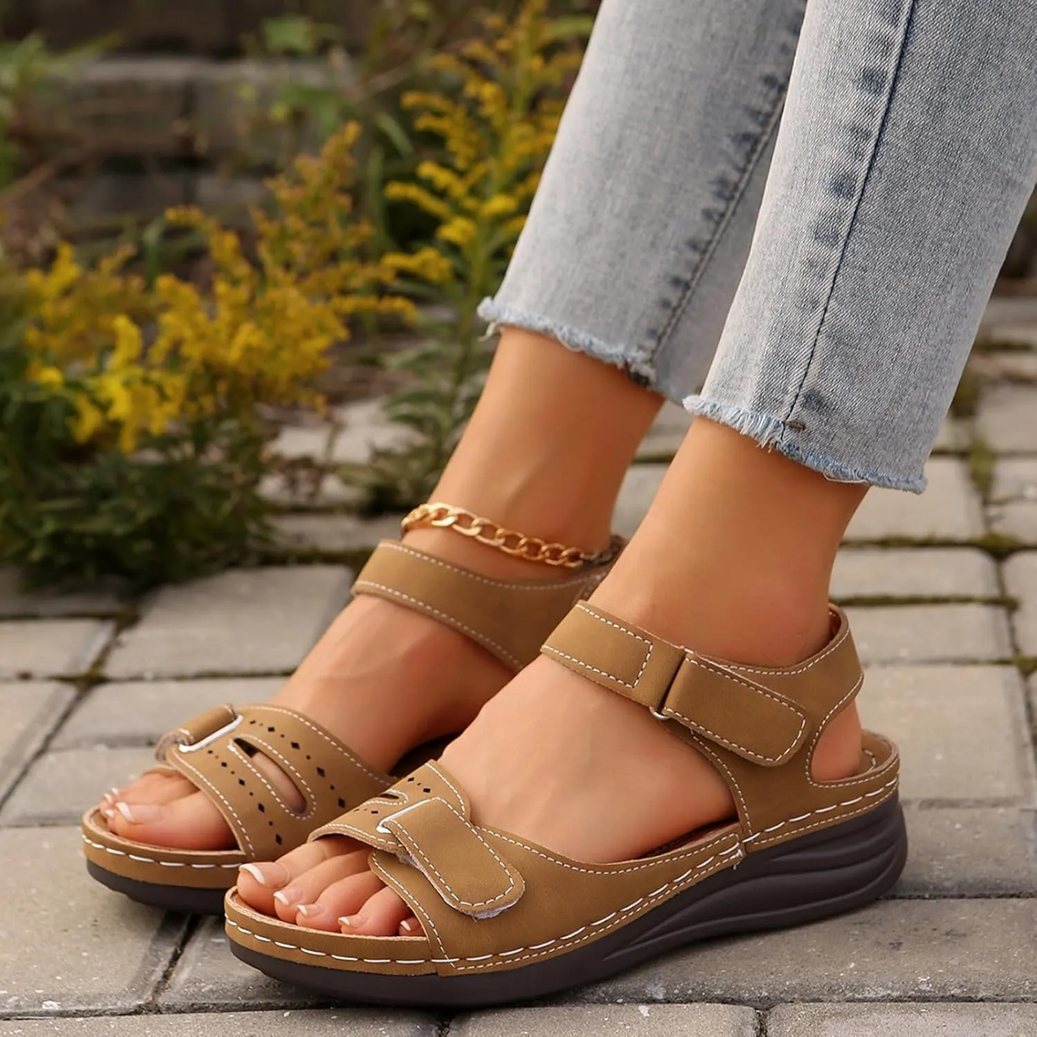Women's Double Hook and Loop Sandals Solid Thick Strappy Summer Shoes Simple Casual Open Toe Sandal Vacation Flat