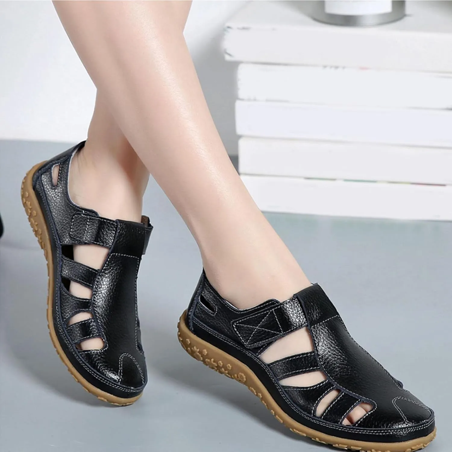 Womens Fashion Summer Boho Flat Non Slip Sandals Closed Toe Ankle Strap Beach Casual Shoes Boho Strappy Gladiator Sandals