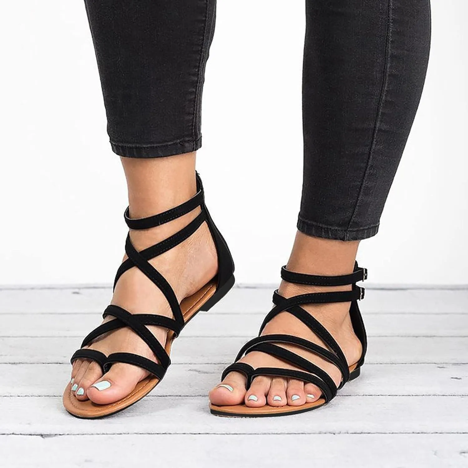 Womens Gladiator Strap Sandals Elastic Strappy String Thong Ankle Strap Flip Flops Bungalow Sandal Summer Beach Shoes
