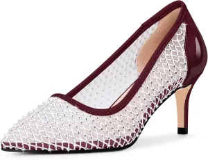 Women's Mesh Pointed Toe Stiletto Heel Pumps Rhinestone Slip On Wedding Party Dress Shoes