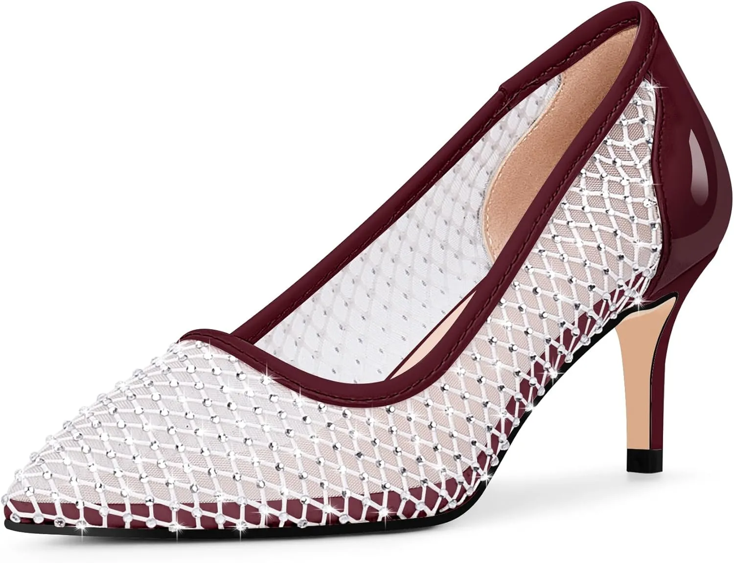 Women's Mesh Pointed Toe Stiletto Heel Pumps Rhinestone Slip On Wedding Party Dress Shoes