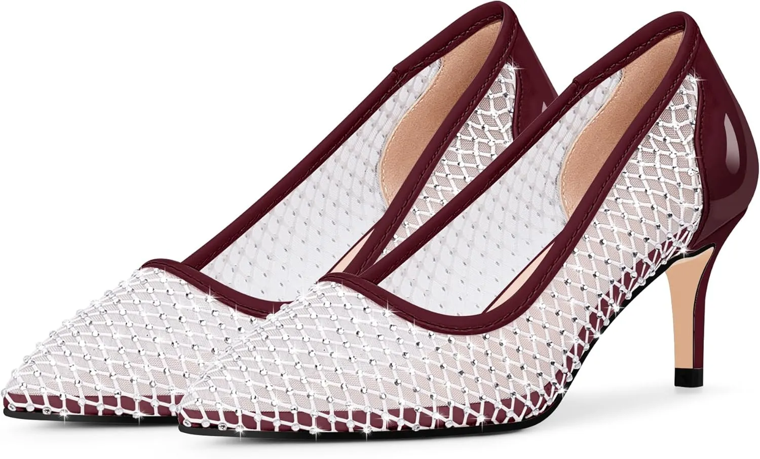 Women's Mesh Pointed Toe Stiletto Heel Pumps Rhinestone Slip On Wedding Party Dress Shoes