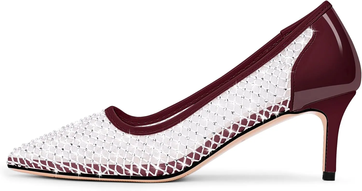 Women's Mesh Pointed Toe Stiletto Heel Pumps Rhinestone Slip On Wedding Party Dress Shoes