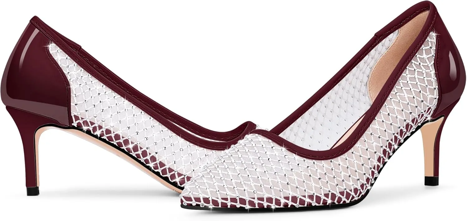Women's Mesh Pointed Toe Stiletto Heel Pumps Rhinestone Slip On Wedding Party Dress Shoes