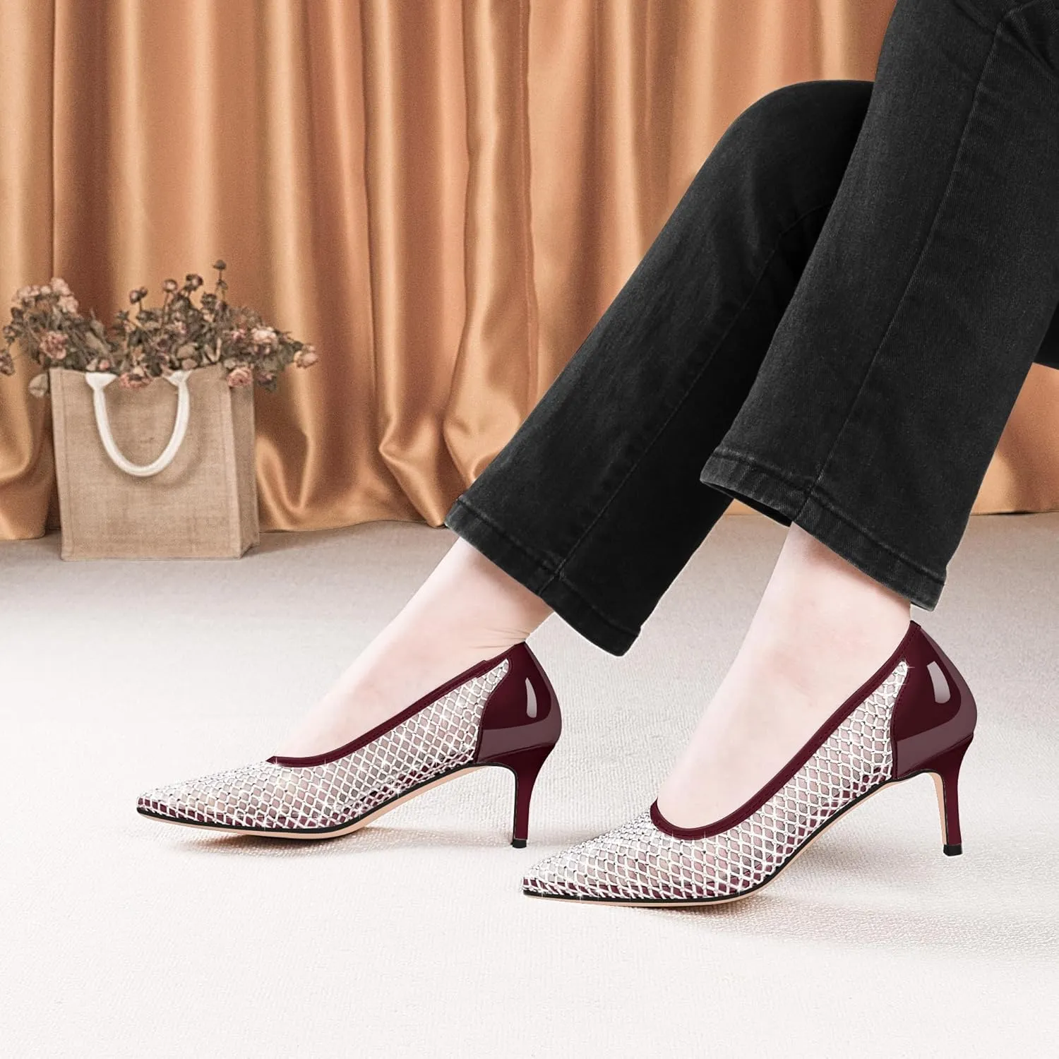 Women's Mesh Pointed Toe Stiletto Heel Pumps Rhinestone Slip On Wedding Party Dress Shoes