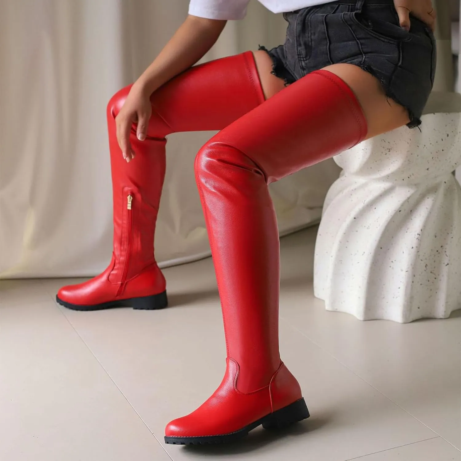 Women's Over Knee High Boots, Women's Large Size Over The Knee Boots Round Toe Flat Soled Fashion Boots Patent Leather Tight Thigh Boots Heel Height 3.5CM