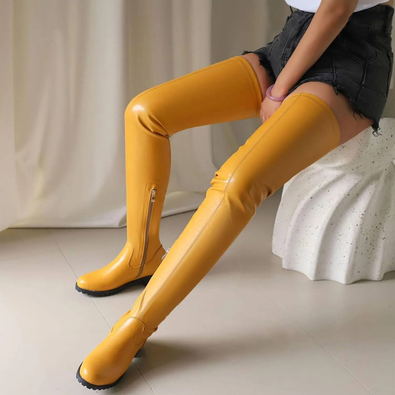 Women's Over Knee High Boots, Women's Large Size Over The Knee Boots Round Toe Flat Soled Fashion Boots Patent Leather Tight Thigh Boots Heel Height 3.5CM