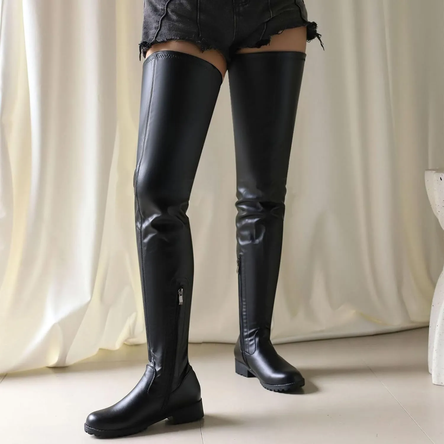 Women's Over Knee High Boots, Women's Large Size Over The Knee Boots Round Toe Flat Soled Fashion Boots Patent Leather Tight Thigh Boots Heel Height 3.5CM