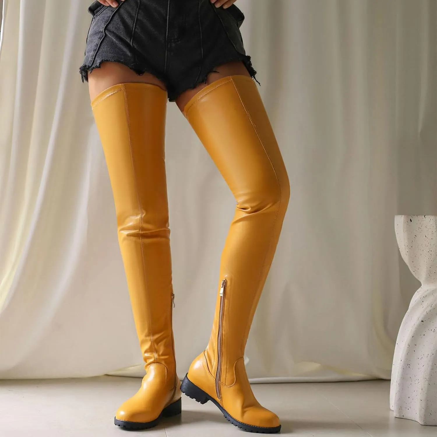 Women's Over Knee High Boots, Women's Large Size Over The Knee Boots Round Toe Flat Soled Fashion Boots Patent Leather Tight Thigh Boots Heel Height 3.5CM