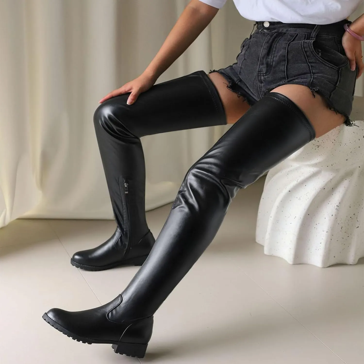 Women's Over Knee High Boots, Women's Large Size Over The Knee Boots Round Toe Flat Soled Fashion Boots Patent Leather Tight Thigh Boots Heel Height 3.5CM