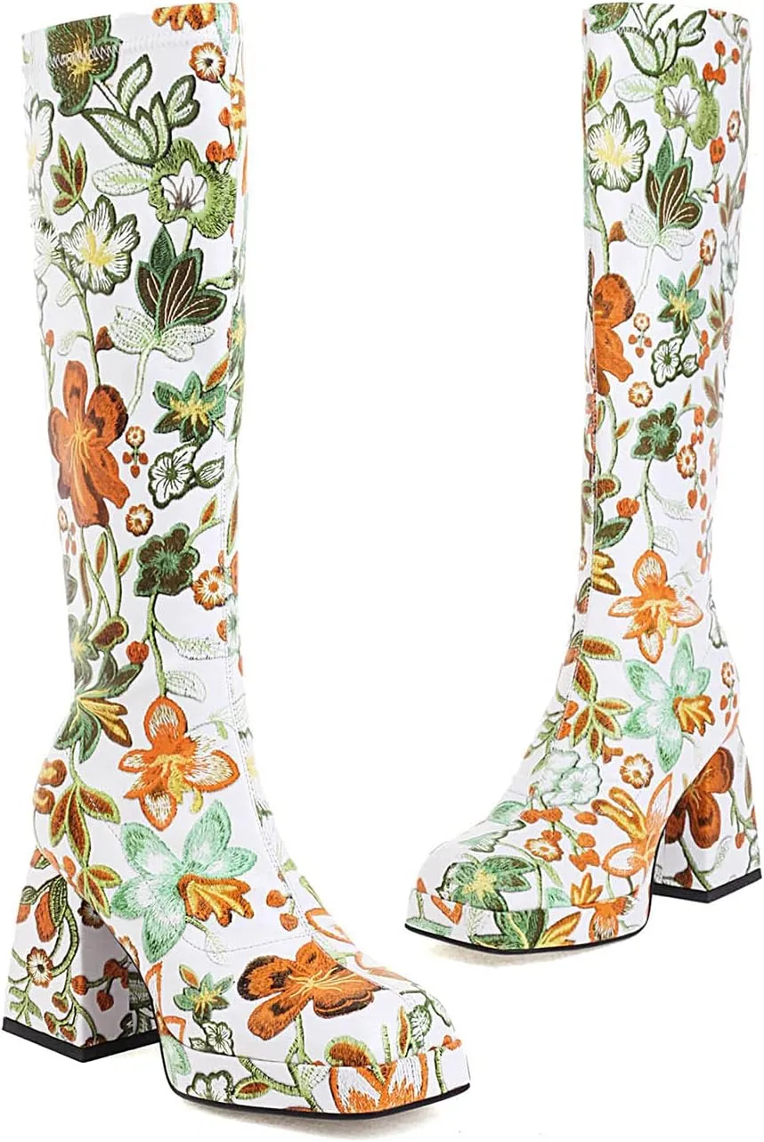 Women's Platform Knee High Boots Chunky High Heeled Boots Colorful Flower Square Toe Fashion Boots Party Dress Shoes