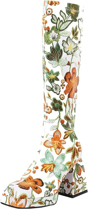 Women's Platform Knee High Boots Chunky High Heeled Boots Colorful Flower Square Toe Fashion Boots Party Dress Shoes