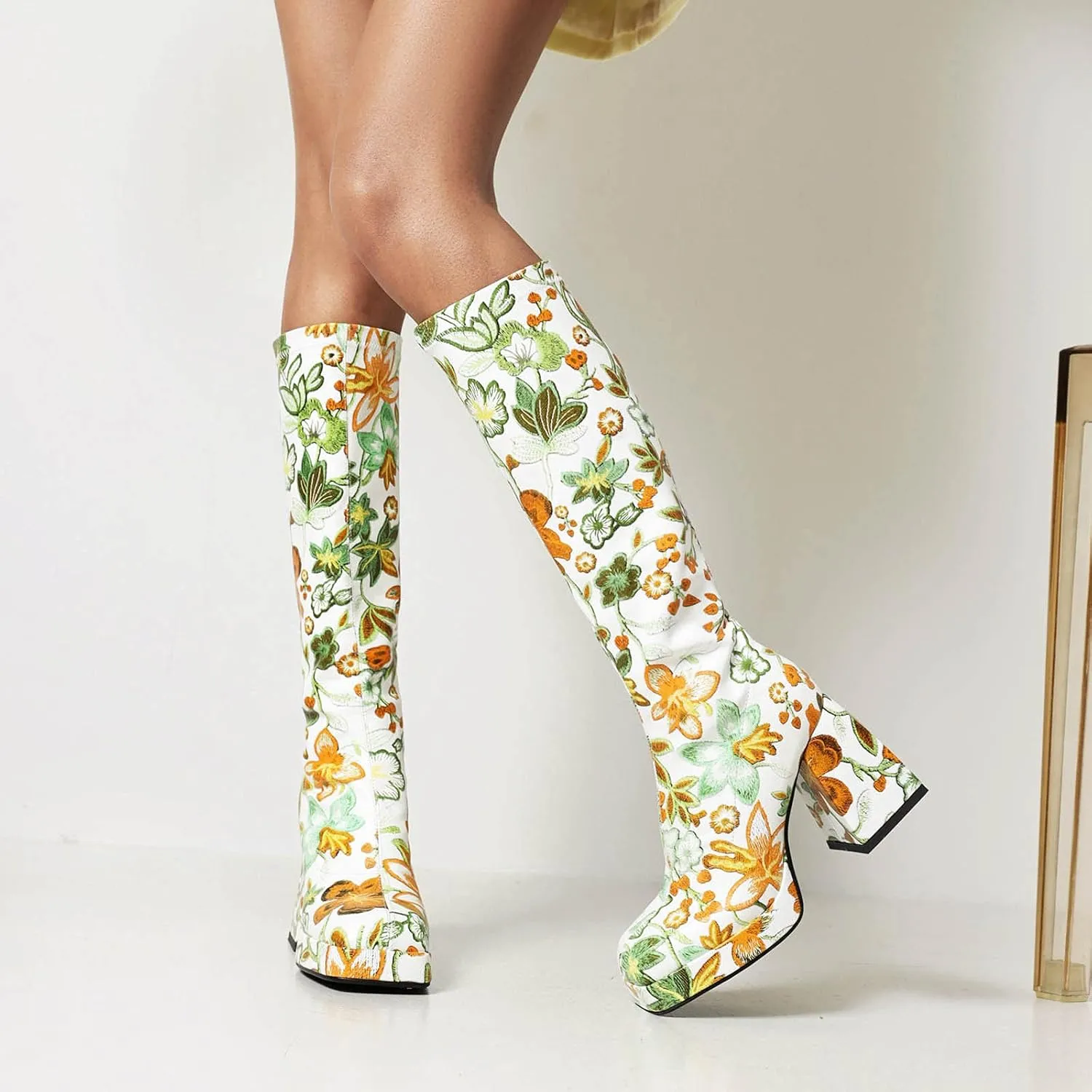 Women's Platform Knee High Boots Chunky High Heeled Boots Colorful Flower Square Toe Fashion Boots Party Dress Shoes