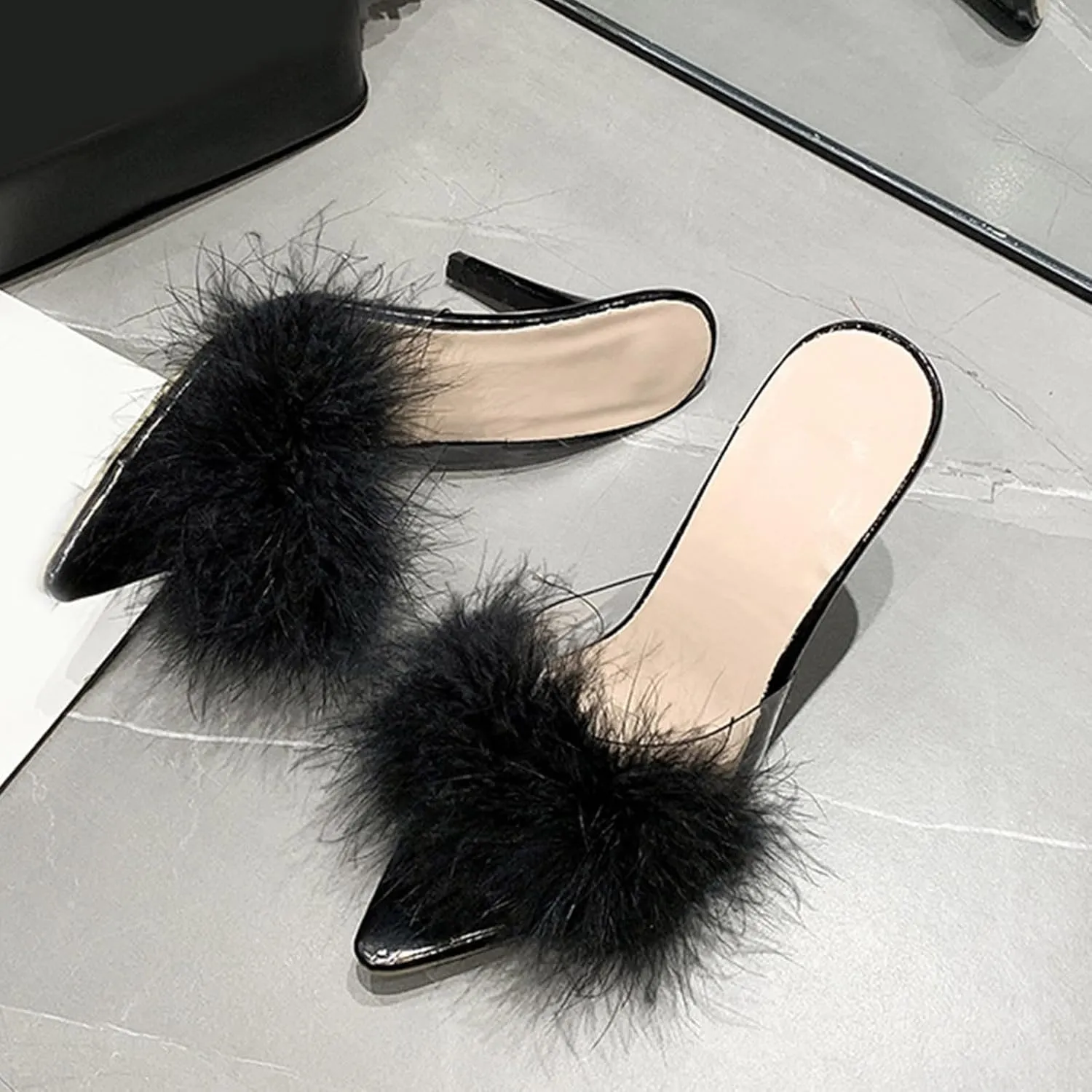 Women's Pointed Toe High Heeled Sandals Fuzzy Faux Furry Open Toe Slip-On Stiletto Heels Mule Sandals Party