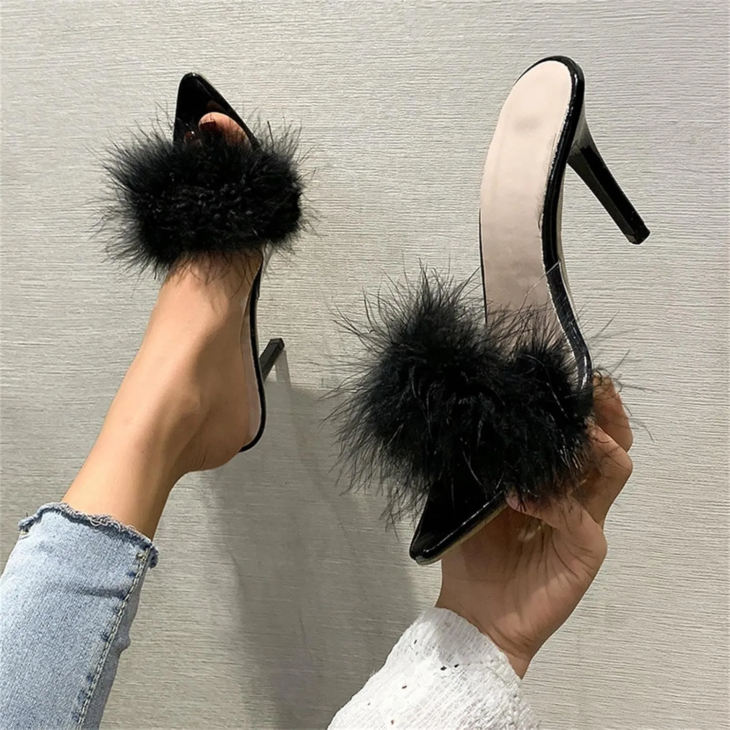 Women's Pointed Toe High Heeled Sandals Fuzzy Faux Furry Open Toe Slip-On Stiletto Heels Mule Sandals Party
