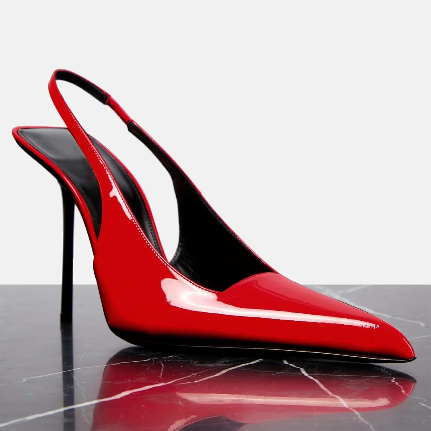 Women's Slingback Stiletto Heels Stretch Strap Slip On Pumps Shoes Pointed Toe Backless Patent Leather Dress High Heels