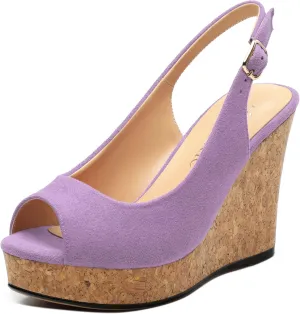 Womens Wedge Platform Sandals Peep Open Toe Slingback Buckle High Heel Dress Shoes Pumps Suede 3.94 Inch
