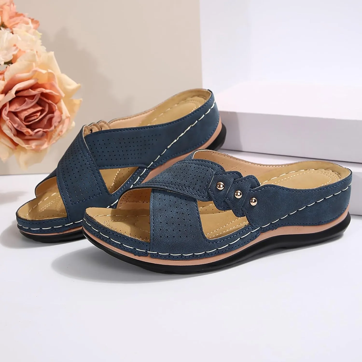 Womens Wedge Sandals Leather Dressy Breathablet Cross Strap Slide Sandals Beach Summer Casual Non-Slip Slippers Shoes Open Toe Platform Wedge Shoes