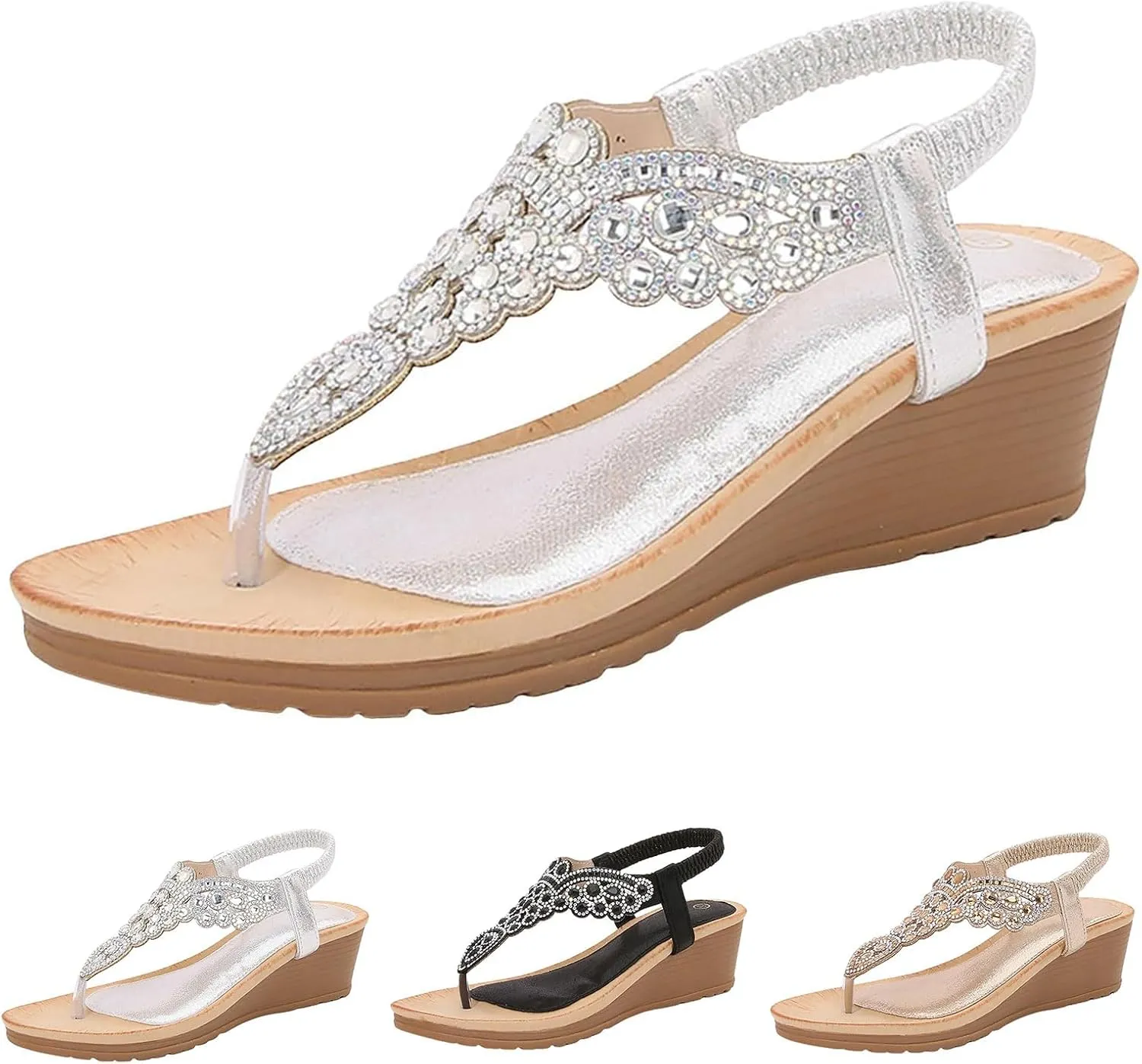 Womens Wedge Sandals Slingback Rhinestone Dressy Sandals Comfortable Arch Support Flip Flops Ankle Strap Elastic Flats Summer Beach Shoes