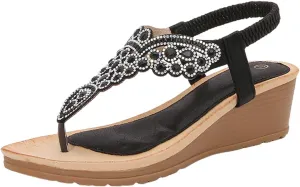 Womens Wedge Sandals Slingback Rhinestone Dressy Sandals Comfortable Arch Support Flip Flops Ankle Strap Elastic Flats Summer Beach Shoes
